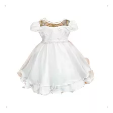 Vestido Bebe Batizado Saia Gode Tule Cinto Perolas Full