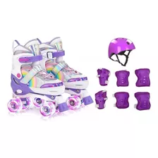 Patins Quad Lindo Roxo Ajustável + Kit Proteção Rodinhas Led