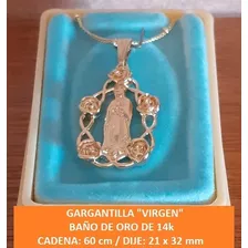 Medalla Dije Con Cadena Virgen Rosas Rodio Baño De Oro 14k