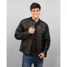 Campera Motoquera Gastada De Cuero Vacuno Hombre Moderna Rg