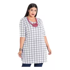 Camisa Feminina Plus Size Blusinha Alongada Reveillon Xadrez