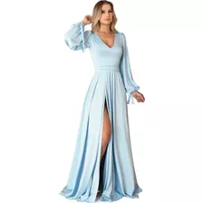 Vestido Longo Com Fenda, Manga Bufante Em Malha Fria Ox017