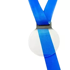 Kit 100 Medalhas Redondas 5cm Acrílico Cristal 2mm Fita Azul