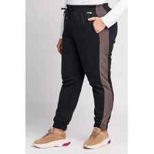 Calça Feminina Plus Size Moleton Peluciado Faixas Contrastan