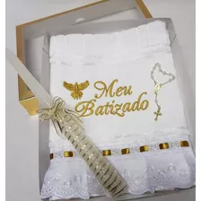 Kit Toalha Bordada Meu Batizado Com Vela Decorada E Terço 1u