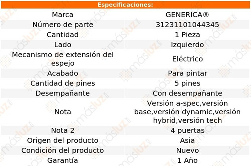 Espejo Izq Elect P/pintar C/desemp 5 Pines Acura Ilx 13/15 Foto 2