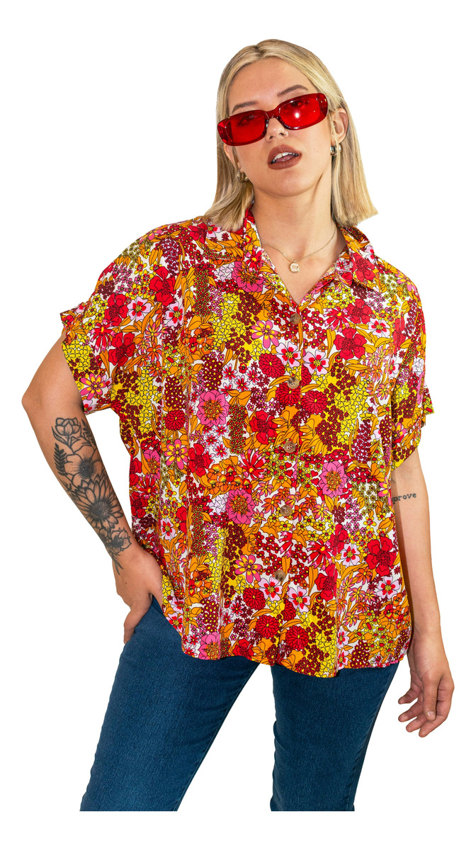 Camisa Fibrana Estampada Flores Naranaja Blackmapa