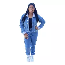 Jaqueta Jeans Feminina Punho Gola Peludo Casaco Frio Pelúcia