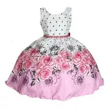 Vestido Infantil Festa Floral Rosa Com Bolinhas E Laço