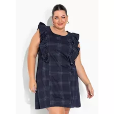 Vestido Xadrez Grid Plus Size Com Mangas Amplas