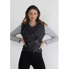 Campera Dama Scombro Cuero Piu Combinada Capucha Desmontable