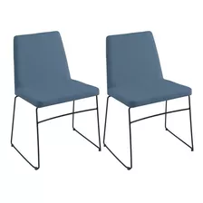 Kit 2 Cadeiras Estofadas Base Em Aço F41 Linho Azul Jeans Dm
