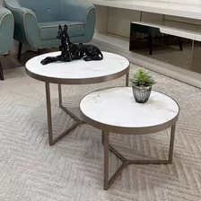 Conjunto Mesas De Centro Sala Dallas Mdf Marmorizado Branco