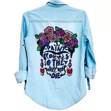 Camisa Jean Muje Estampada Frida Kahlo Pintada A Mano Flores