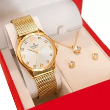 Relógio Feminino Champion Analógico Dourado Colar E Brincos Cor Da Correia Dourado 1 Cor Do Fundo Branco