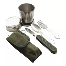 Kit Camping Supervivencia Set Cubiertos Vaso Plegable Metal