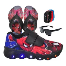 Tênis Led Infantil Homem Aranha + Chinelo + Óculos + Relógio