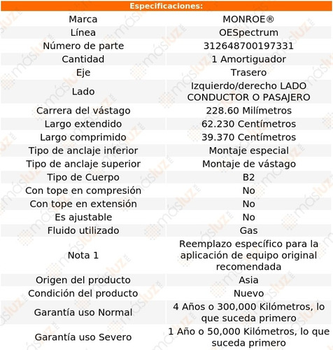 1) Amortiguador Oespectrum Gas Izq/der Tras Xd 08/10 Monroe Foto 3