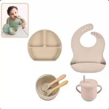 Kit Introdução Alimentar Prato Silicone Ventosa Babador Bebê