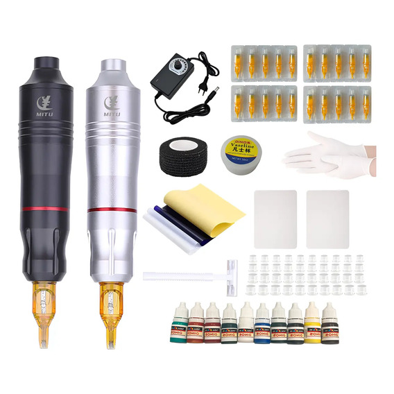 Kit Tatuagem Profissional Iniciante Com Completo Máquina Pen Máq. Tattoo C/ Fio - Prata