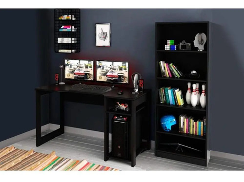 Mesa Computador Gamer + Estante 2 Peças Preto - Tecno Mobili