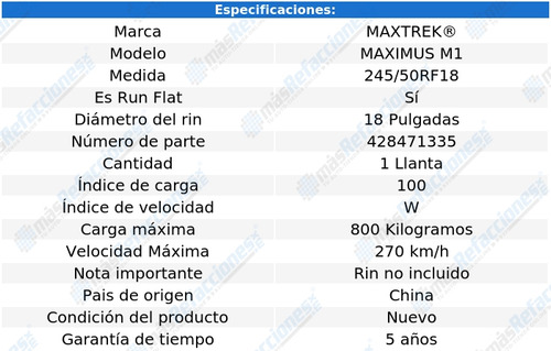 Llanta 245/50rf18 Runflat 100w Maxtrek Maximus M1 Sin Rin Foto 2