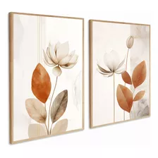 Kit 2 Quadros Decorativo Flor Folha Tons Terrosos C Moldura