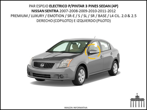 Nissan Sentra Par Espejo Electrico P Pintar 2007-2012 3 Pin Foto 4