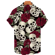 Camisa Floral Hawaiana Casual Skull Punk Para Hombre