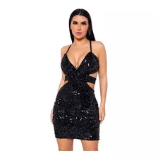 Vestido Curto Em Paetê Balada Brilho Decote Com Amarração