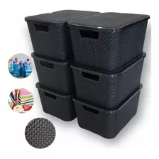 Kit 6 Caixas Organizadoras Rattan Empilhável 15 Litros Preta Cor Preto