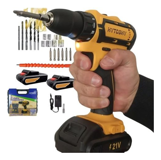 Taladro Inalámbrico 21v Kit 2 Baterías + Set Mechas Y Puntas Amarillo 50 Hz