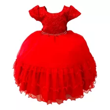 Vestido Infantil Vermelho Luxo Tule Cinto Pérolas Festas