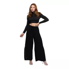 Calça Pantalona Wide Leg Com Fenda, Bolso E Forro Premium