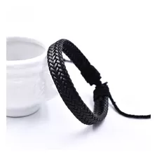 Pulsera De Cuero Tejida Negra Ajustable - D977