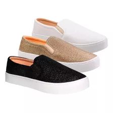 Kit 3 Pares Sapato Feminino Slip On Tênis Casual Impermeável