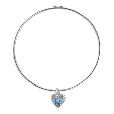 Colar Choker Prata 925 Rigido Coração Filigrana Topázio Azul