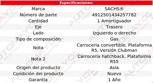 1 - Amortiguador Gas Tras Izq/der Sachs Cooper Mini 09-14 Foto 2