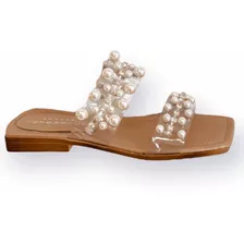 Sandalias Mujer Chatitas Bajas Transparentes Cristal Perlas