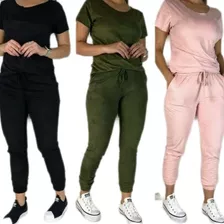 Conjunto Suede Calça E Blusa Manga Curta Feminino Moda