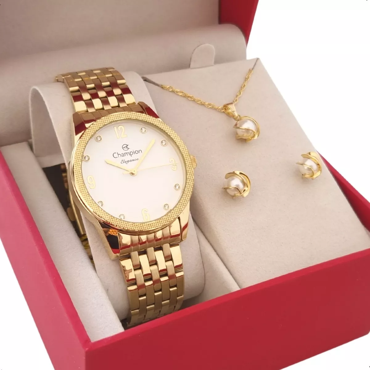 Relógio Feminino Champion Dourado + Kit Colar Brincos E Nf