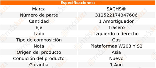 1- Amortiguador Gas Trasero Izq/der C240 01 Sachs Foto 2