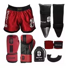 Kit Boxe Muay Thai Mma Luva Caneleira Short Bucal Bandagem