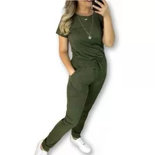 Conjunto Suede Blusa Manga Curta Calça Jogger Feminina Moda