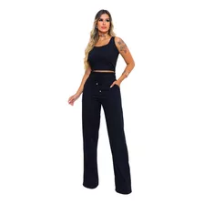 Conjunto Feminino Pantalona Reta Cropped Regata Canelado Top