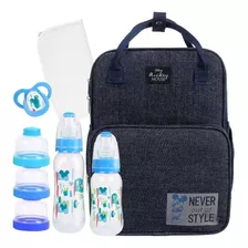 Kit Bolsa Mochila Maternidade Paternidade - Mickey Disney Az Cor Azul Desenho Do Tecido Liso