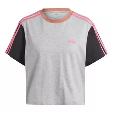 Playera Corta adidas Essentials Single 3 Bandas Gris Mujer