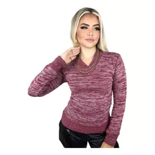 Blusa Suéter Manga Longa Tricô Decote V Inverno Aproveite