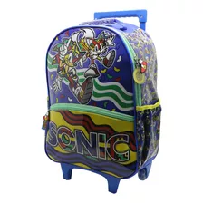 Mochila Escolar Cresko Sonic Sega 16p Carrito Rueditas Color Multicolor