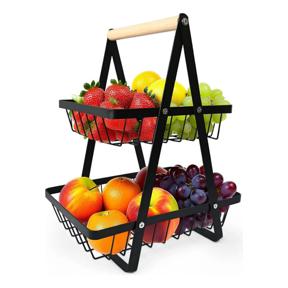 Fruteira De Mesa 2 Andares Em Metal E Madeira Organizador Preto E Madeira Clara